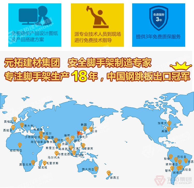 元拓建材集團，安全腳手架制造專家！專注腳手架生產(chǎn)18年，中國鋼跳板出口冠軍！
